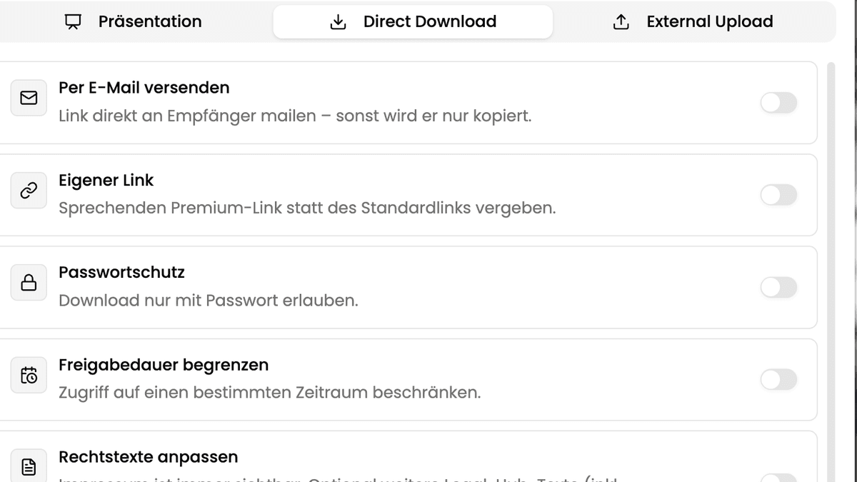 Der Reiter Direct Download im Teilen-Dialog mit den Schaltern für E-Mail-Versand, eigenen Link, Passwortschutz und Freigabedauer