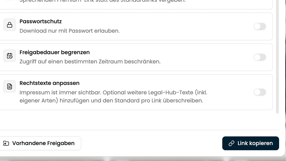 Der untere Teil des Direct-Download-Dialogs mit Rechtstexten und dem Button „Link kopieren“