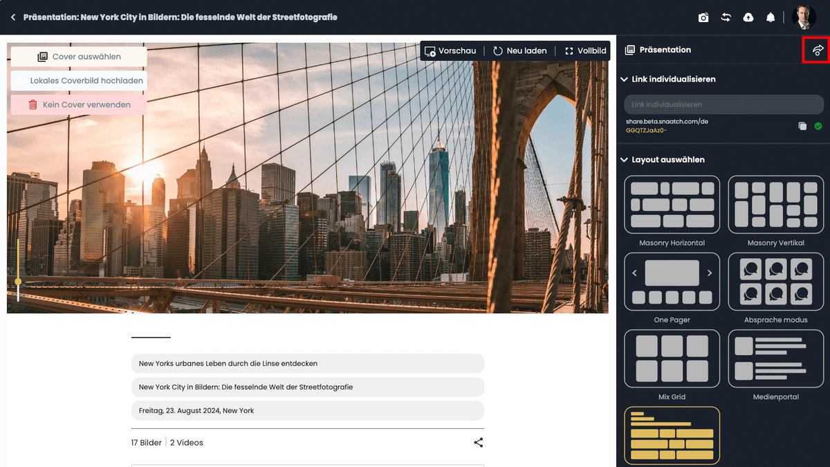 Der Presentation-Studio-Editor mit Titelbild der Brooklyn Bridge, Titelfeldern und Layout-Auswahl rechts