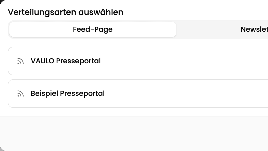 Der Dialog „Verteilungsarten auswählen“ mit den Reitern Feed-Page, Newsletter und FTPpush und zwei Feed-Seiten zur Auswahl