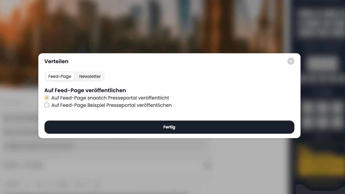Der Dialog „Verteilen“ mit der Auswahl „Auf Feed-Page veröffentlichen“ und dem Button „Fertig“