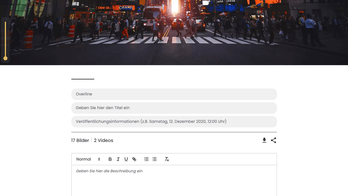 Der Presentation-Studio-Editor mit Cover-Bild und den Feldern für Overline, Titel und Beschreibung