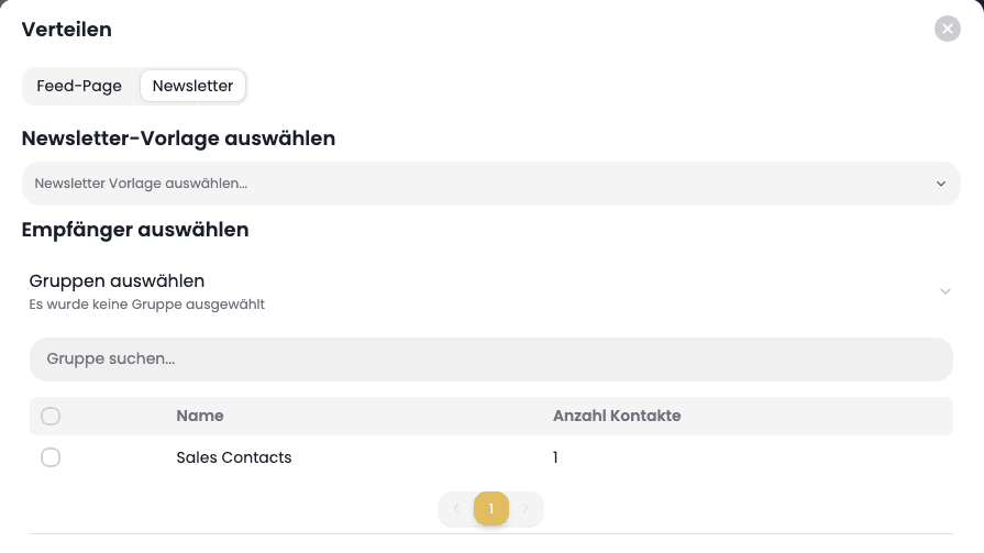 Der Verteilen-Dialog mit den Reitern Feed-Page und Newsletter und der Auswahl der Newsletter-Vorlage
