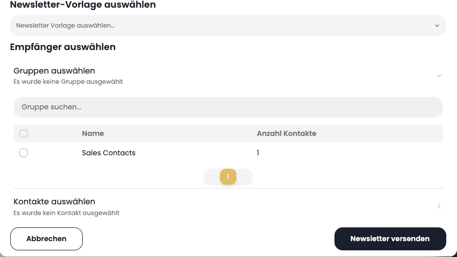 Die Empfängerauswahl im Verteilen-Dialog mit einer Gruppe und dem Button „Newsletter versenden“