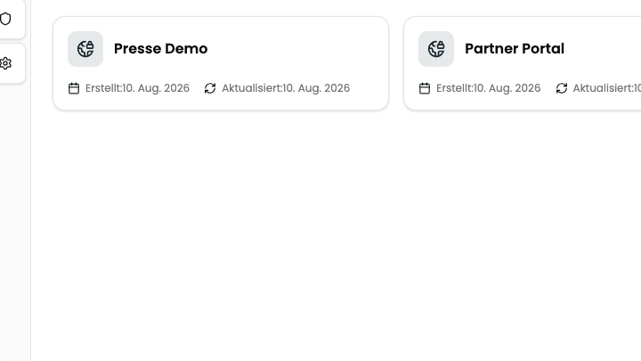 Zwei Portal-Kacheln in der Übersicht, „Presse Demo“ und „Partner Portal“, mit Erstellungsdatum