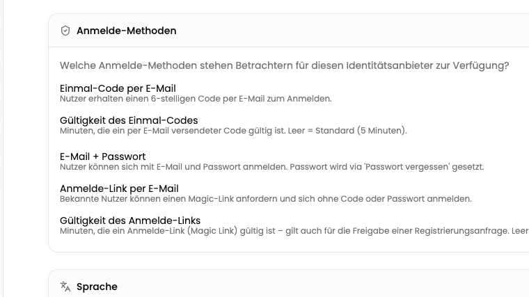 Die Anmelde-Methoden eines Portals mit Schaltern für Einmal-Code per E-Mail, E-Mail und Passwort und Anmelde-Link