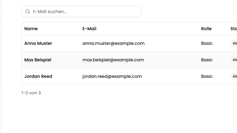 Die Benutzerliste eines Portals mit Name, E-Mail, Rolle und Status