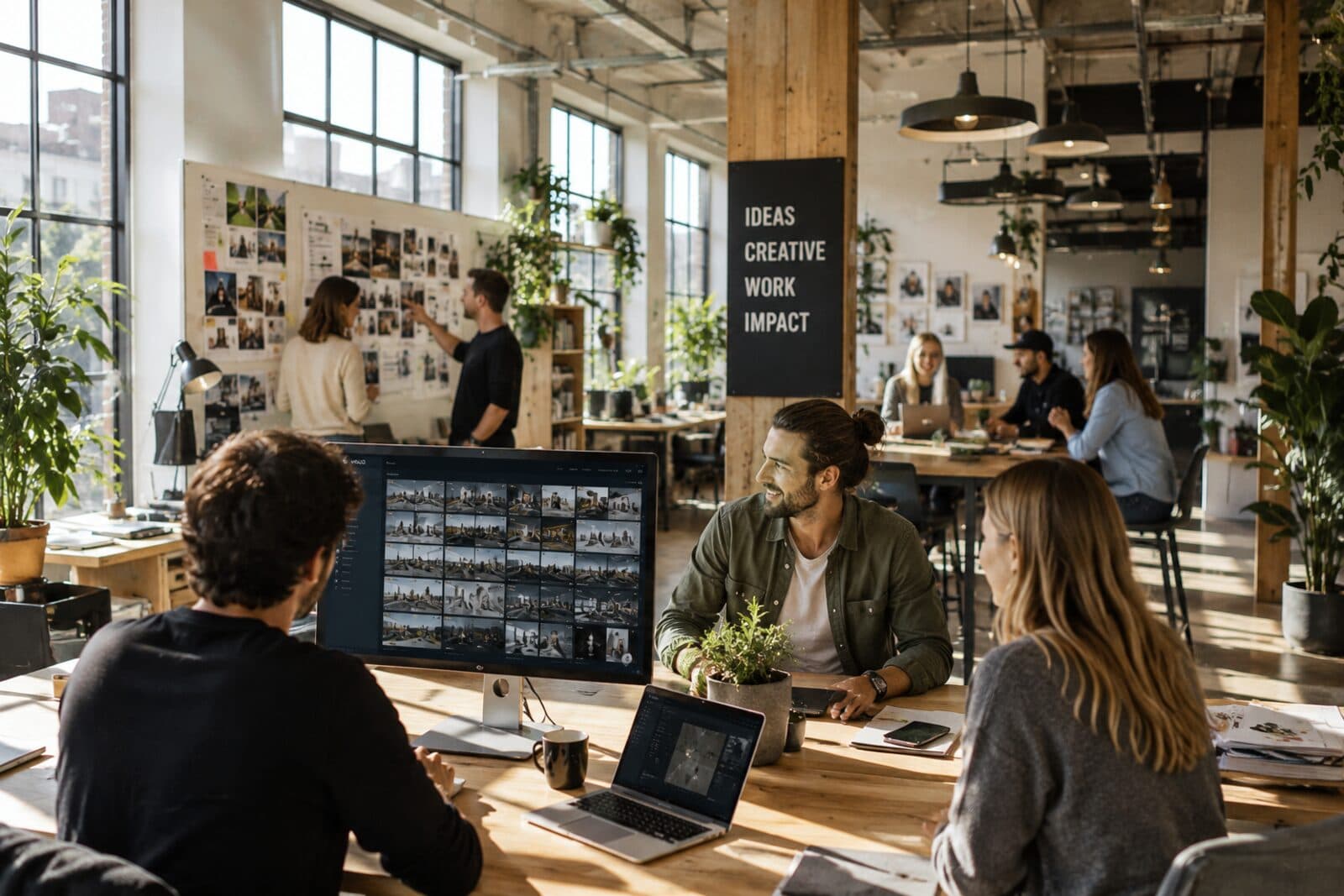 KI-generiertes Stimmungsbild — Kreativteam einer Agentur im Loft-Büro bei der Bildauswahl am großen Bildschirm