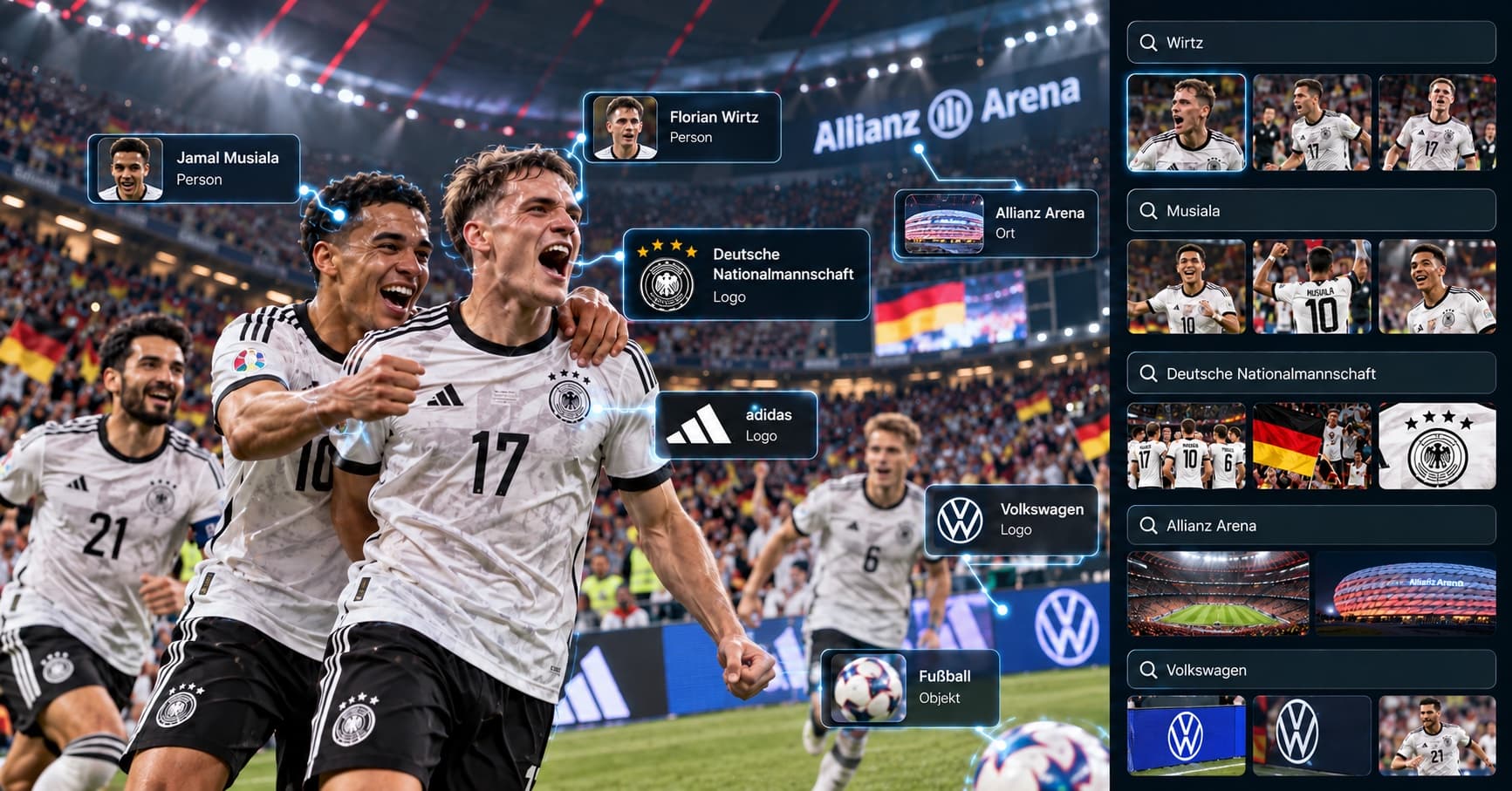 Jubelnde Nationalspieler im Stadion, Personen, Logos und Ort sind automatisch erkannt und markiert, daneben Suchergebnisse je Begriff