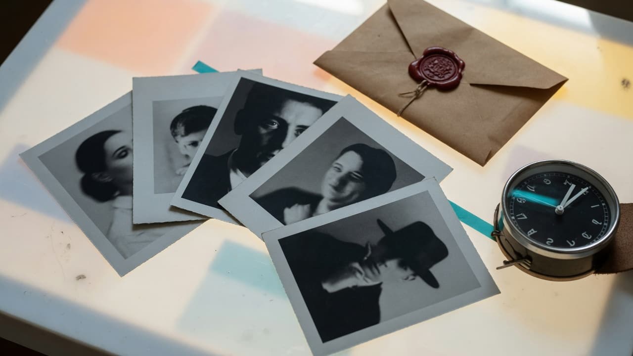 Portraitabzüge, versiegelter Umschlag und eine Uhr auf einem Leuchttisch