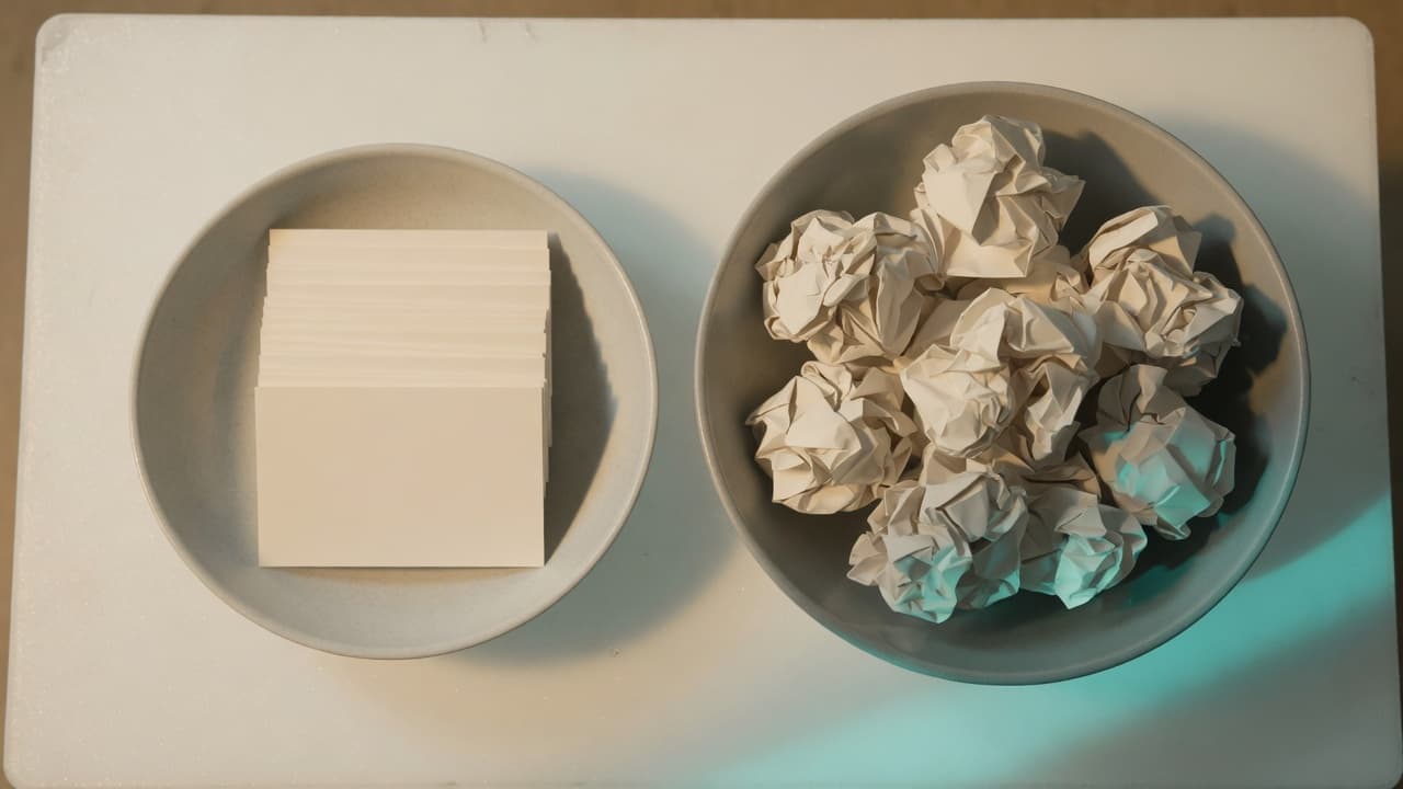 Zwei Schalen auf einem Leuchttisch — links acht geordnete Karteikarten, rechts ein überlaufender Stapel