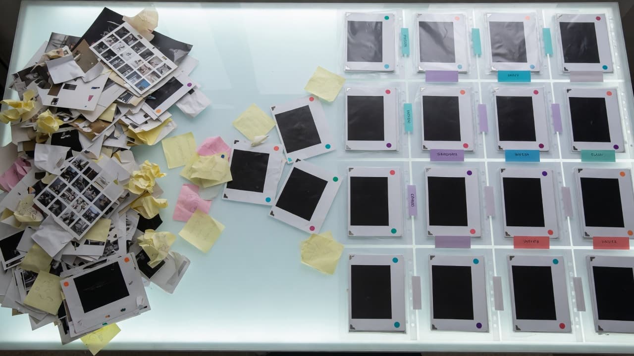 KI-generiertes Stillleben auf einem Leuchttisch: links ein loser Haufen Fotoabzüge und Notizen, rechts dieselben Abzüge sauber in ein Archivraster mit Registerkarten und farbigen Markierungen einsortiert