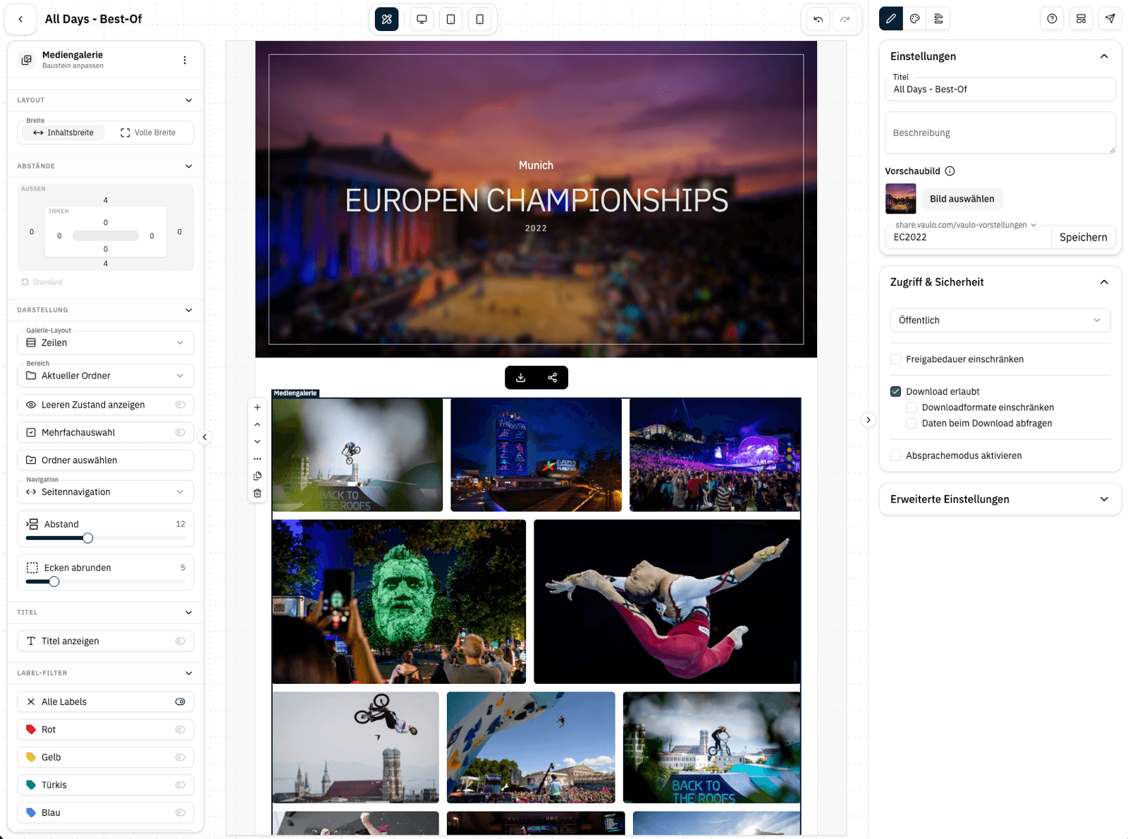 Presentation Studio in VAULO: Editor mit einem Medienportal der European Championships im Kunden-Design