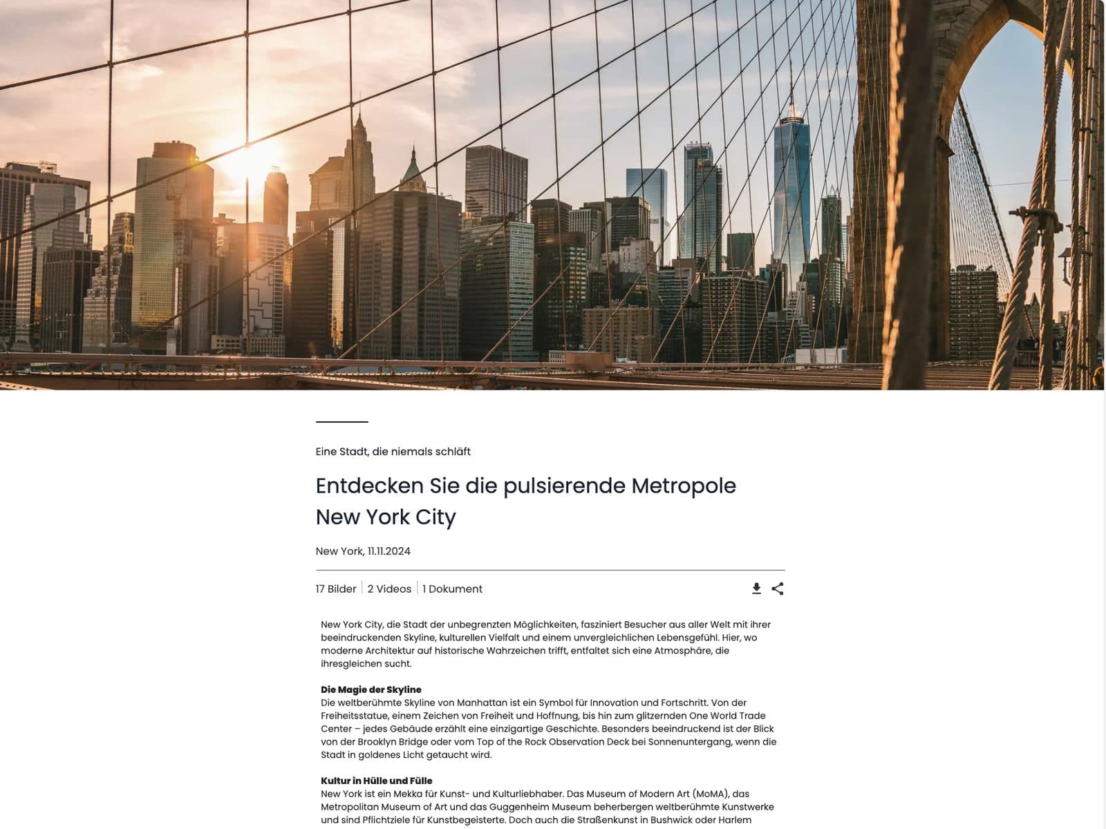 Ein Beitrag auf einer Feed-Seite: Titelbild der Brooklyn Bridge, darunter die Überschrift „Entdecken Sie die pulsierende Metropole New York City“, Datei-Übersicht und Text