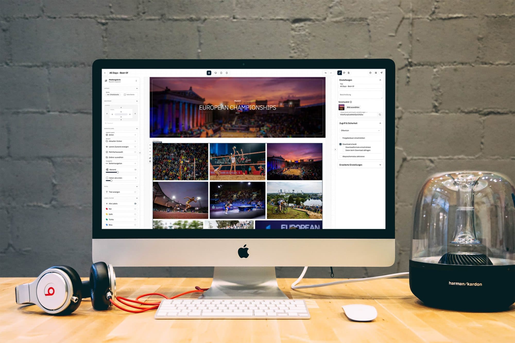 Presentation Studio auf einem Bildschirm am Schreibtisch — Editor mit einer Mediengalerie der European Championships Munich, links Layout-Einstellungen, rechts Zugriff und Freigabe