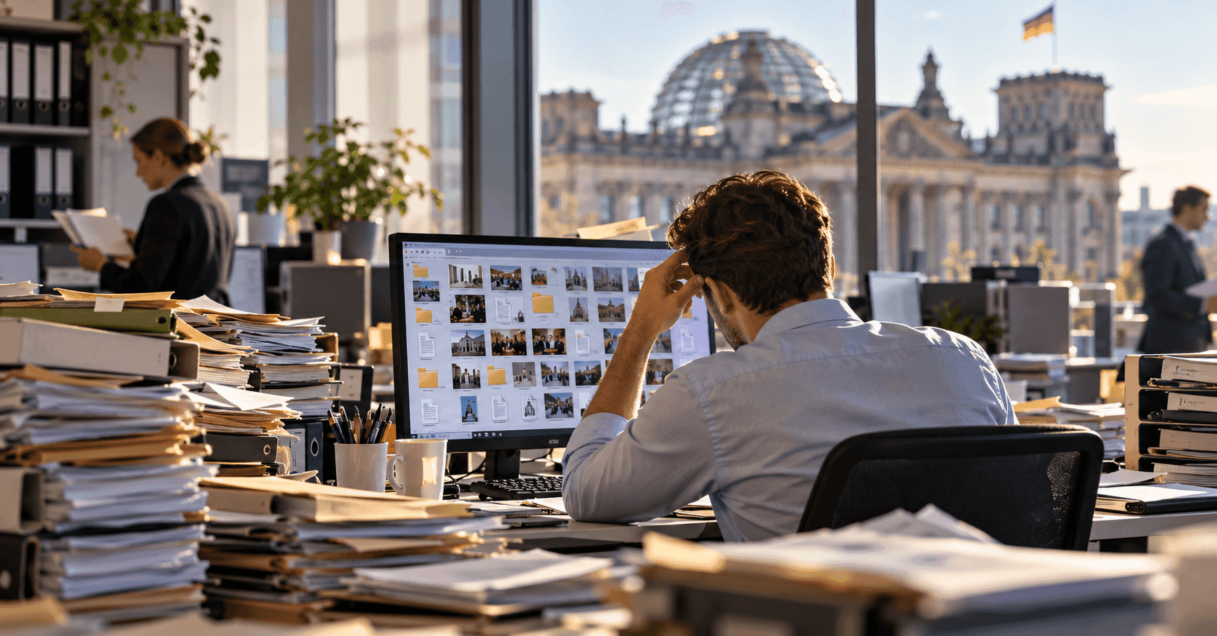 Eine Person sucht verzweifelt nach den richtigen Daten auf einem Computer.